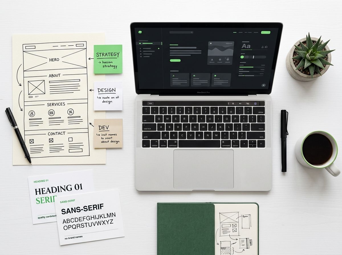 Wireframes, typography samples, interface notes, and a laptop arranged for digital service planning